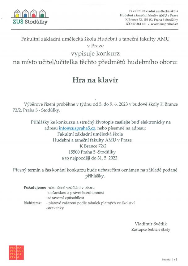 Výběrové řízení na místo učitele hry na klavír