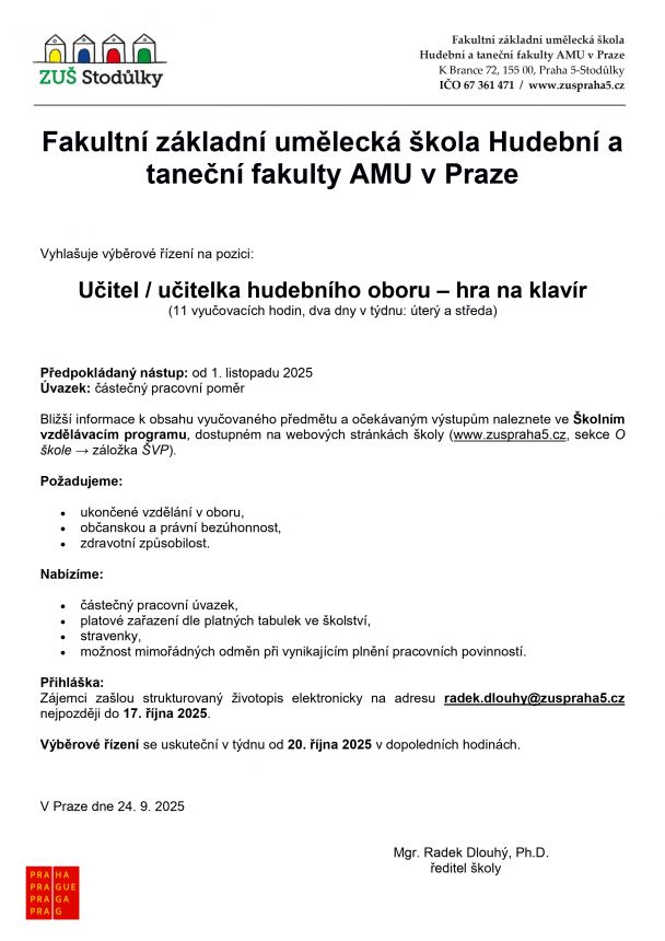 Výběrové řízení na pozici učitele/učitelky hudebního oboru - hra na klavír