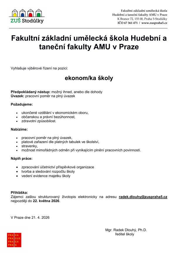 Fakultní základní umělecká škola Hudební a taneční fakulty AMU v Praze vyhlašuje konkursní řízení na pozici ekonom/ka školy